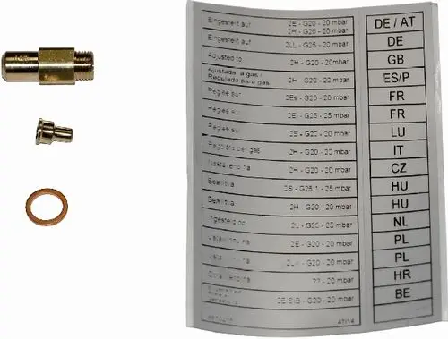 Umrüstsatz für Gasheizkessel von Wolf, bestehend aus zwei Metallteilen und einer Dichtung. Das Beiblatt enthält Informationen zur Einstellung für verschiedene Gasarten und Länder.